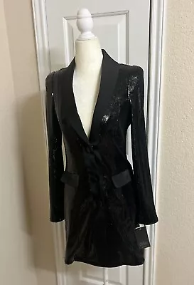 Aidan Mattox Stretch Sequin V-Neck Long Sleeve Blazer Dress Size 0 MSRP $365 • $85