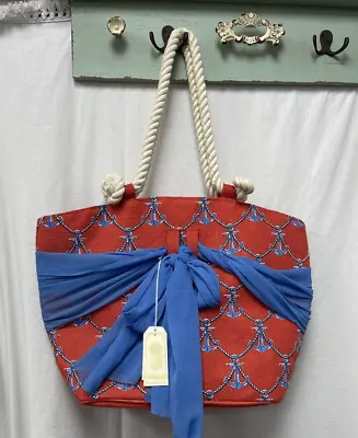 Mud Pie Beachcomber Nautical Anchor Jute Zip Bag Tote Red Blue Large NWT • $25