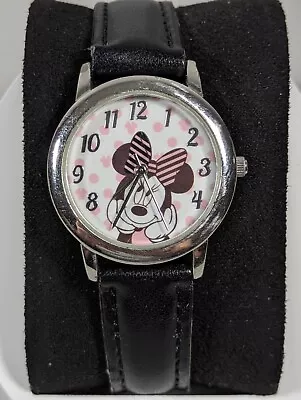 Disney Minnie Mouse Womans Silver Tone Round Case Black Leather Band Watch • $20.99