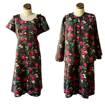 Vintage DESIGNER 50s 60s SATIN Polyester Black Floral Dress With Jacket L/XL • $118