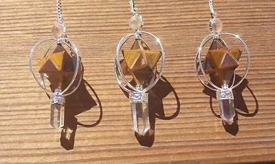 Natural Tiger Eye Gemstone 3 Stone Merkaba Star Spinning Pendulum • £10.21