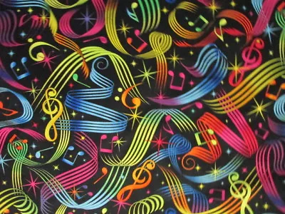 Modern Music Notes Swirls Stars Bright Colors Cotton Fabric Fq • $5.35