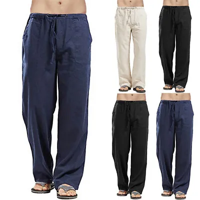 Mens Elasticated Waist Cotton Linen Pants Drawstring Loose Wide Leg Trousers • £13.19