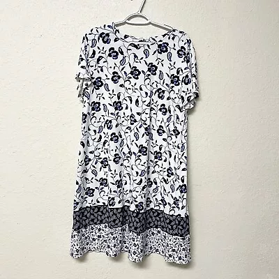 J Jill Wearever White Blue Floral Short Sleeve Perfect T-Shirt Dress Size L • $29.99