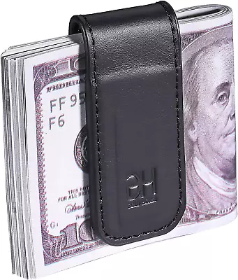Slim Magnetic Money Clip Genuine Leather Business Card Holder For Men Black • $15.99