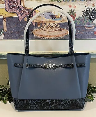 Michael Kors Reed Large Belted Tote Blue Snake Leather Shoulder Bag Purse Mk • $119.99