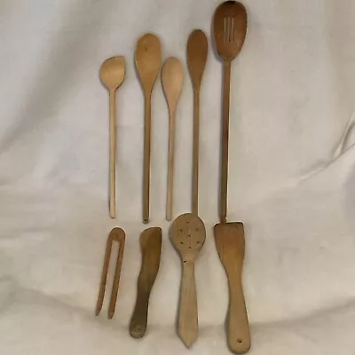 (Lot Of 9) Vintage Kitchenware Wooden Spoons Tongs & Spatulas  • $34.99