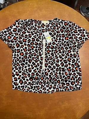 NWT Michael Kors Womens Size M Cheetah Leopard Print Short Sleeve Zip Top Blouse • $19