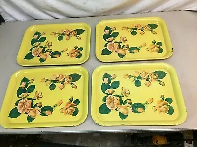 Vintage Mid-Century Metal Serving Lap Trays Yellow  With Roses Set Of 4 • $66.60