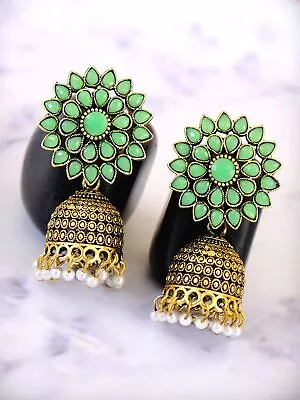 Gold Plated Indian Meenakari Floral Green Jhumka Jhumki Earrings For Women Girls • $14.99