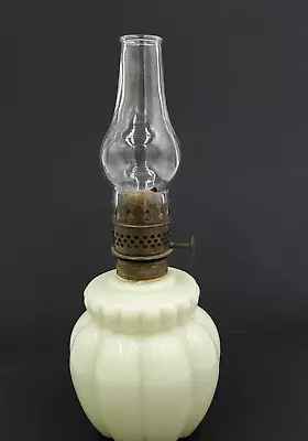 Vtg Antique Mini Miniature Custard Uranium Glass Oil Lamp Melon 8” Chimney Glows • $89.99