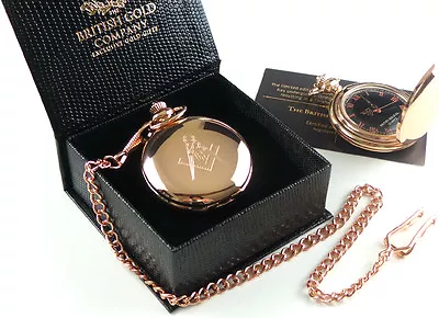 FREEMASONS 18ct ROSE GOLD Clad MASONIC POCKET WATCH And Chain Luxury Gift Case • £29.95