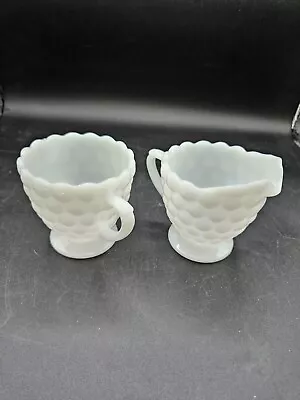 Vintage White Milk Glass Sugar Bowl And Creamer BumpyCircle  Cut 3.25  Tall Set • $9.99