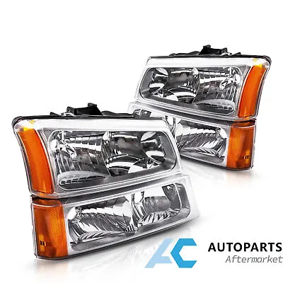 For 03-06 Chevy Silverado Avalanche Headlights Bumper Lights 4Pcs Chrome Amber • $61.87