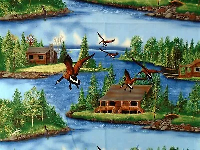 Kevin Daniels MMFab Canadian Geese Forest Lake Cabin Scenic Cotton Fabric 44x54  • $17.95