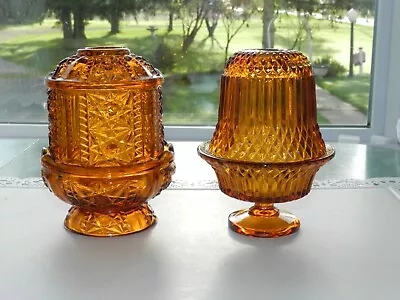 Vintage Amber Glass Fairy Lamp & Candle Holder Indiana Glass Stars Diamond Point • $43