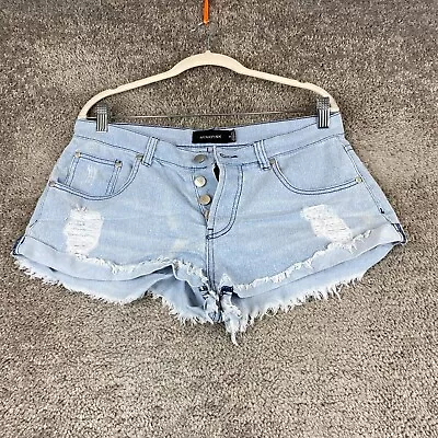 MINKPINK Jean Shorts Women's Medium Blue Button Fly Cuffed Mid Rise Distressed • $13.27