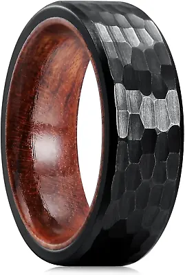 6Mm/8Mm Silver/Black Hammered Titanium Ring Inlaid Wood Inner Hole Wedding Band • $38.74