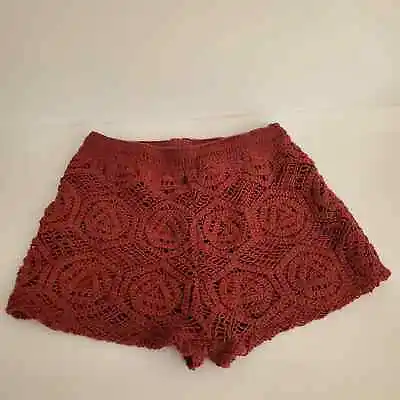 NWT Zara Crochet High Rise Boho Elastic Waist Shorts Maroon Burgundy S • $20