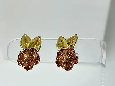 Vintage Signed KREMENTZ Rose & Yellow Gold Plate Flower Screw Back Earrings • $39.99