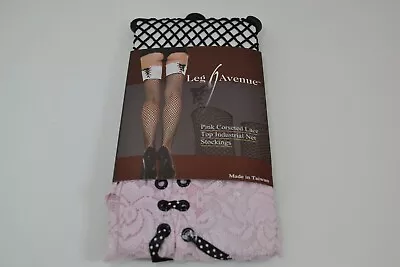 Pink Corseted Lace Top Black Stockings Industrial Net Stockings Leg Avenue Sale • £7.99