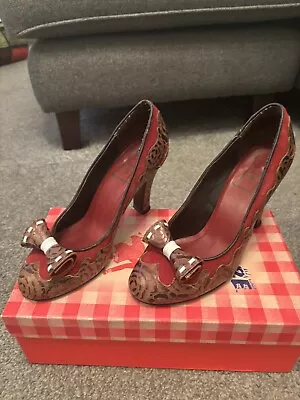 Miss L Fire Court Shoes Retro Brown Red 1940s Leather Heels • £29.99