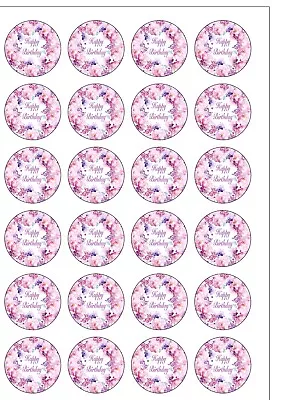 24 PRECUT Edible Wafer Paper PINK FLOWER Happy Birthday Cupcake Cake Toppers  • £2.49