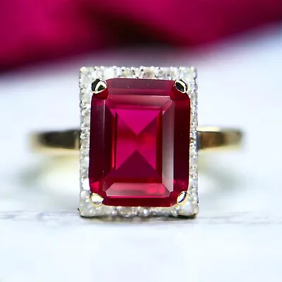 Vintage 14k Yellow Gold Emerald Cut Red Ruby Round Diamond Cocktail Ring • $449