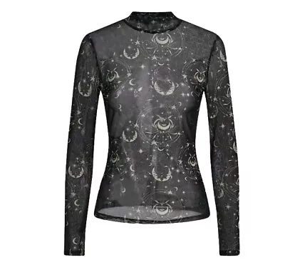 Womens Size 12-14 UK Celestial Mesh Top T-Shirt Sheer Moon Stars Galaxy L Alt • £11.95