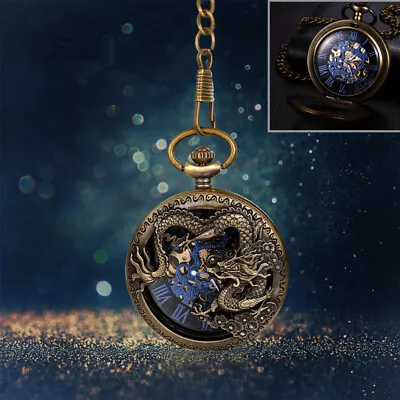 Mens Dragon Pocket Watch Auto-Winding Mechanical Steampunk Skeleton Retro Chain • $21.99