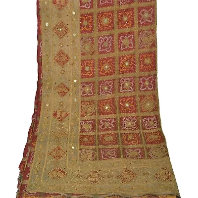 Sanskriti Vintage Red Dupatta 100% Pure Silk Fabric Bandhani Stole Hand Beaded • $79.99