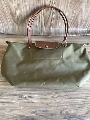 Longchamp Womens Shoulder Tote Bag Green Brown Flap Dual Handle Zip Snap Button • $11.99