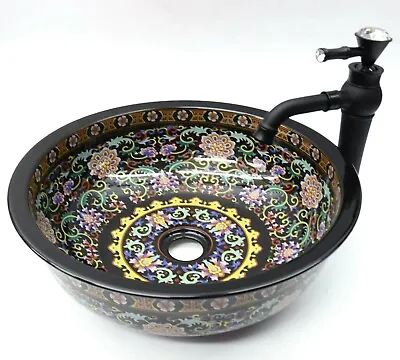 Black Floral Patterned Bathroom Ceramic Counter Top Wash Basin Sink Washing Bowl • £26.99
