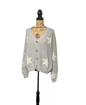 Polly & Esther Gray Star Print Knit Cardigan Sweater Size XL • $20