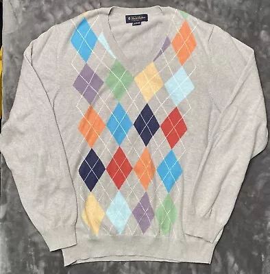 Brooks Brothers V Neck Sweater Men's Large Gray Argyle Cotton Cashmere Blend • $30