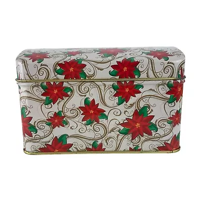 Christmas Poinsettia Themed Lidded Hinged Cookie Tin Vintage 6  Rectangular • $12.99