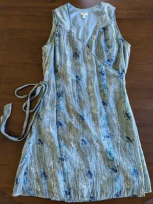 J Jill Womens 12P Wrap Dress Blue Green Stripe Floral Print Short Sleeve Lined • $16