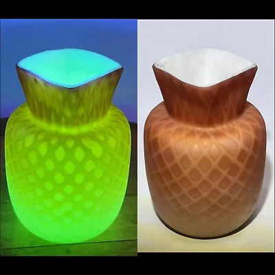 VTG Mt Washington Satin Amber Diamond Pattern Vase Mother Of Pearl GLOWS URANIUM • $45