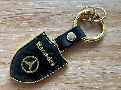 Gold Shield Carbon Fiber With Leather Keychain Key Fob Ring For Mercedes Benz • $19.99