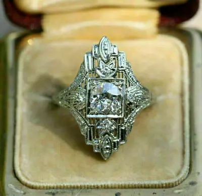 Vintage Art Deco Style Round Lab Created Diamond Filigree Engagement Silver Ring • $87.99