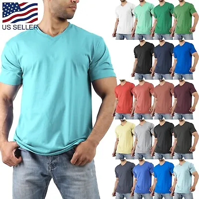 Mens V Neck T Shirts Short Sleeve Solid Premium Cotton Basic Tee Casual • $7.99