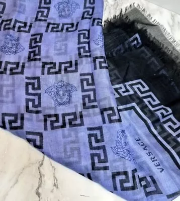 NEW! Versace Silk/Modal Blend Blue & Black La Medusa Pattern Shawl/ Scarf/Pareo • $375