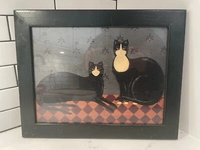 $32 • Buy Vintage Folk Art Warren Kimble Framed Print With Black Cats Frame 11.5” X 14.5”