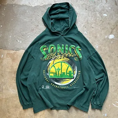 Vintage 90s Seattle Supersonics NBA Hooded Long Sleeve T-Shirt Boxy Fit Mens XXL • $79.99