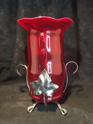 Vintage Red Glass Hurricane Candle Holder With Maple Leaf 2 Handled Metal Stand • $9.99
