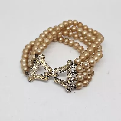 Vintage Four Strand 7” Beaded Faux Pearl Bracelet With Rhinestone Clasp (See) • $14.99