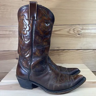 Vtg Sears Cowboy Boots Mens 9D Brown Leather Floral Stitch Pull On 86865 Pointy • $70