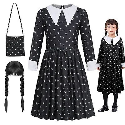 Kid Girls Wednesday Addams Family Fancy Dress Up Cosplay Costume Birthday Outfit • £13.98