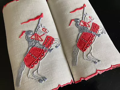 Vintage Marghab Madeira Hand Embroidered Cocktail Napkins “Knight”  RED GRAY • $35