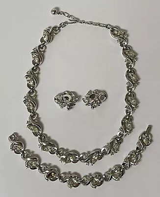 Vtg Signed Crown Trifari Rhinestone Silver Tone Necklace  Bracelet Earrings Set • $64.99